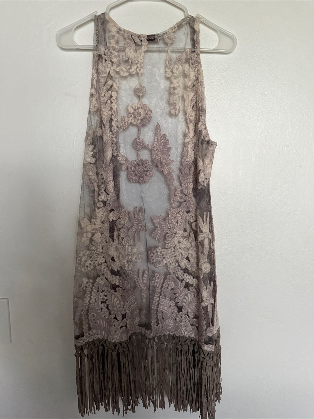 ORIGAMI Cream Crochet Lace Fringe Kimono